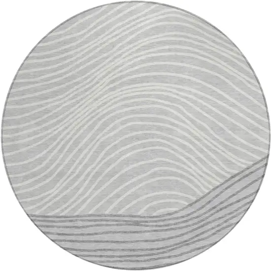 8' Gray And Ivory Round Striped Washable Indoor Outdoor Area Rug Photo 2