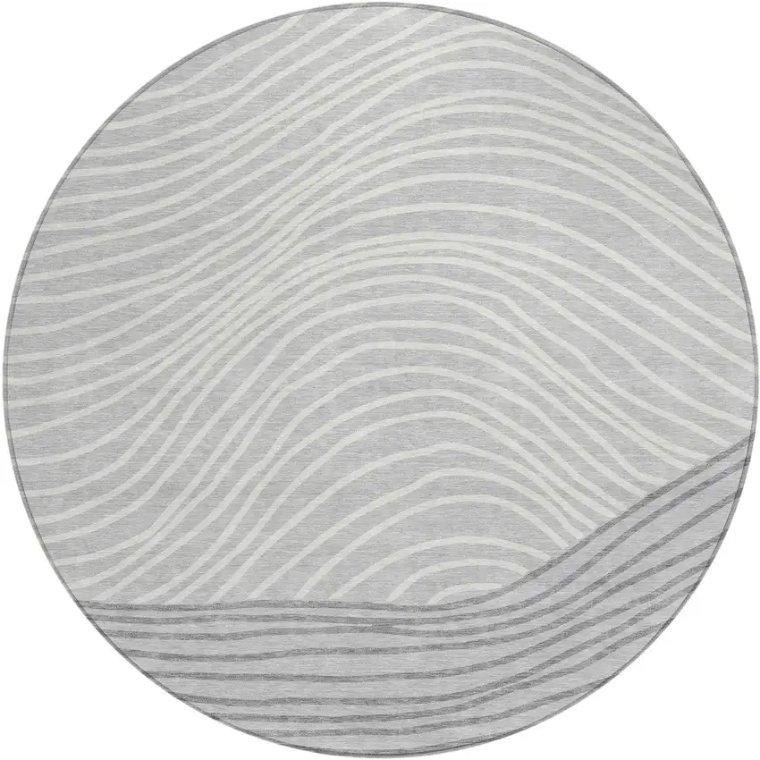 8' Gray And Ivory Round Striped Washable Indoor Outdoor Area Rug Photo 2