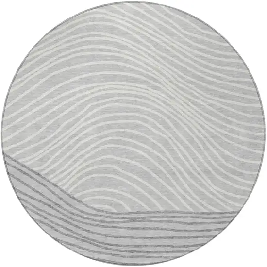 8' Gray And Ivory Round Striped Washable Indoor Outdoor Area Rug Photo 4