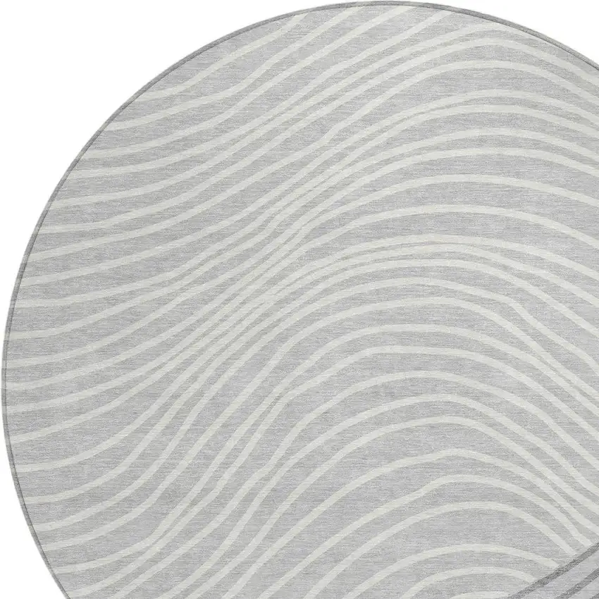 8' Gray And Ivory Round Striped Washable Indoor Outdoor Area Rug Photo 7