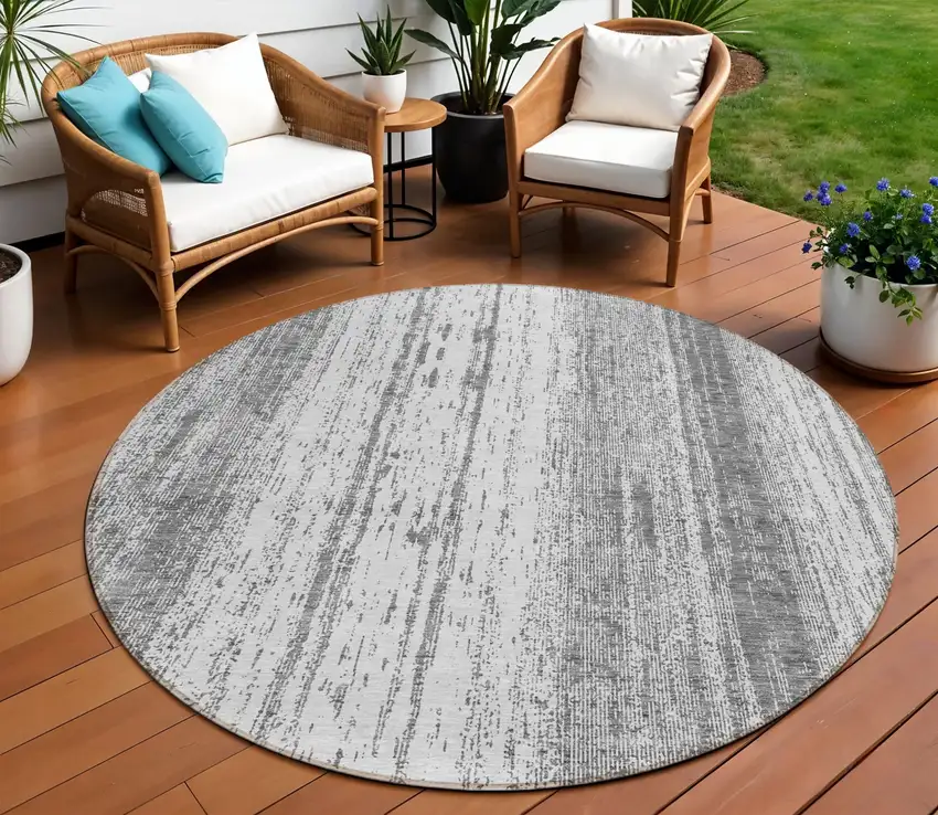 8' Gray And Ivory Round Striped Washable Indoor Outdoor Area Rug Photo 1