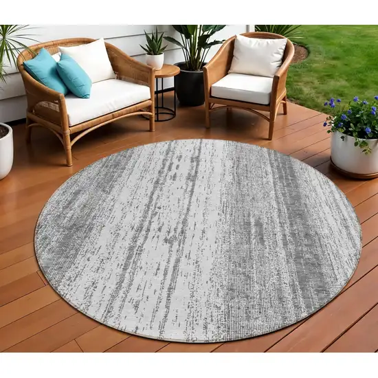 8' Gray And Ivory Round Striped Washable Indoor Outdoor Area Rug Photo 1
