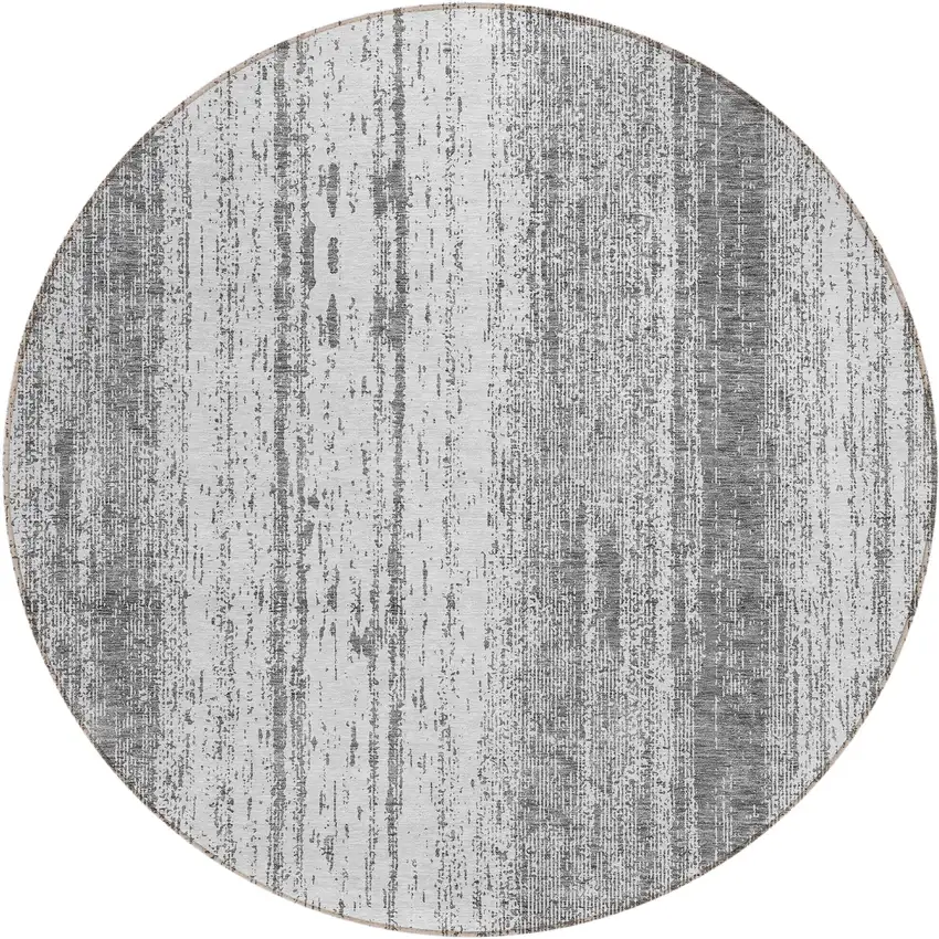 8' Gray And Ivory Round Striped Washable Indoor Outdoor Area Rug Photo 2