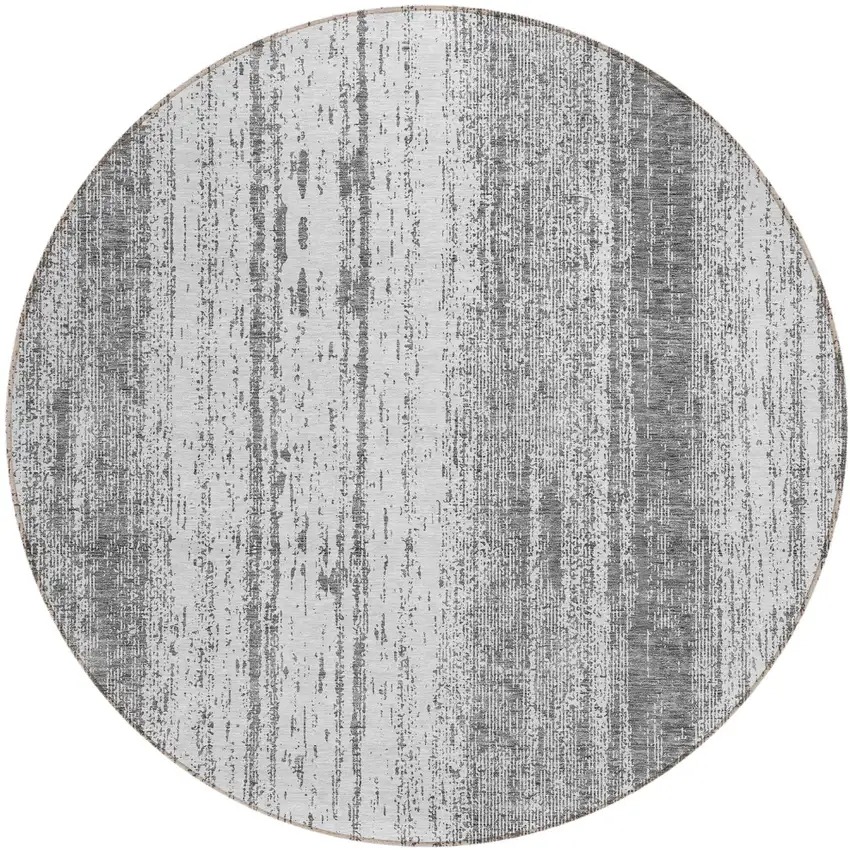 8' Gray And Ivory Round Striped Washable Indoor Outdoor Area Rug Photo 2