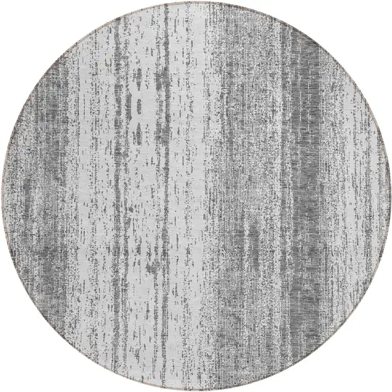 8' Gray And Ivory Round Striped Washable Indoor Outdoor Area Rug Photo 2
