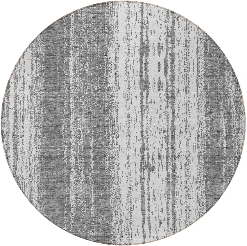 8' Gray And Ivory Round Striped Washable Indoor Outdoor Area Rug Photo 7