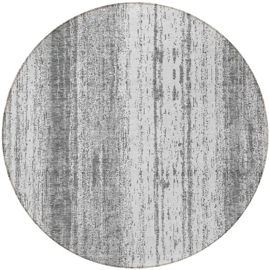 8' Gray And Ivory Round Striped Washable Indoor Outdoor Area Rug Photo 7