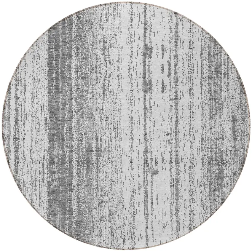 8' Gray And Ivory Round Striped Washable Indoor Outdoor Area Rug Photo 7