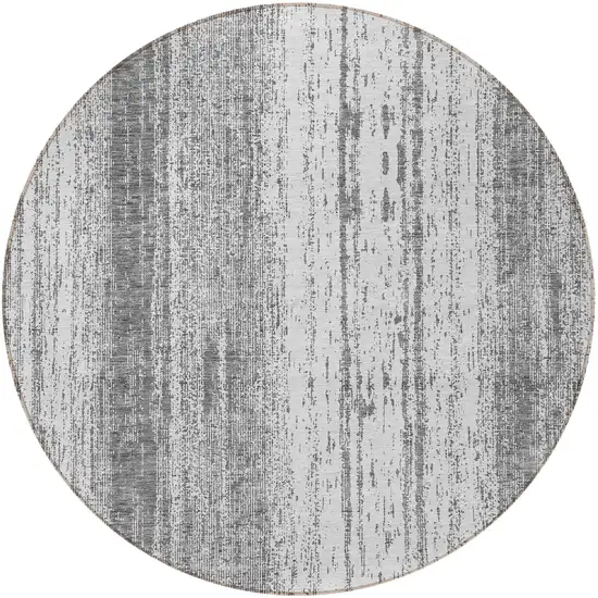 8' Gray And Ivory Round Striped Washable Indoor Outdoor Area Rug Photo 7