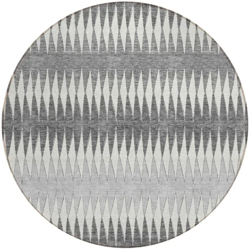 8' Gray And Ivory Round Striped Washable Indoor Outdoor Area Rug Photo 2