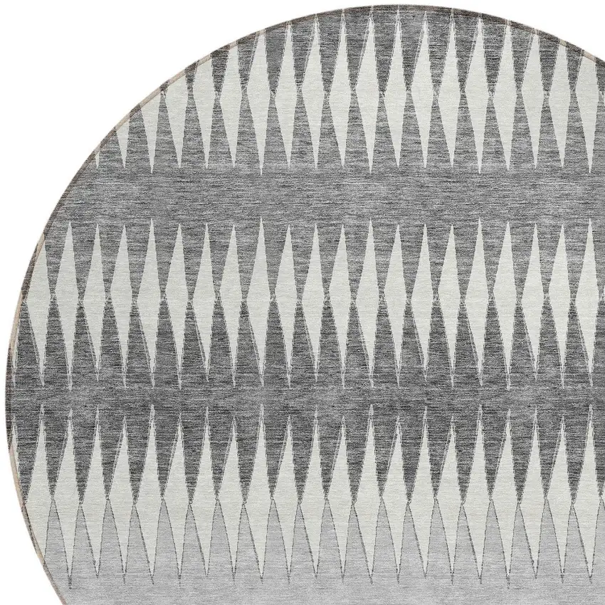 8' Gray And Ivory Round Striped Washable Indoor Outdoor Area Rug Photo 4