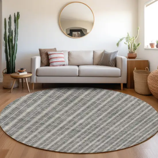 8' Gray And Ivory Round Striped Washable Indoor Outdoor Area Rug Photo 7
