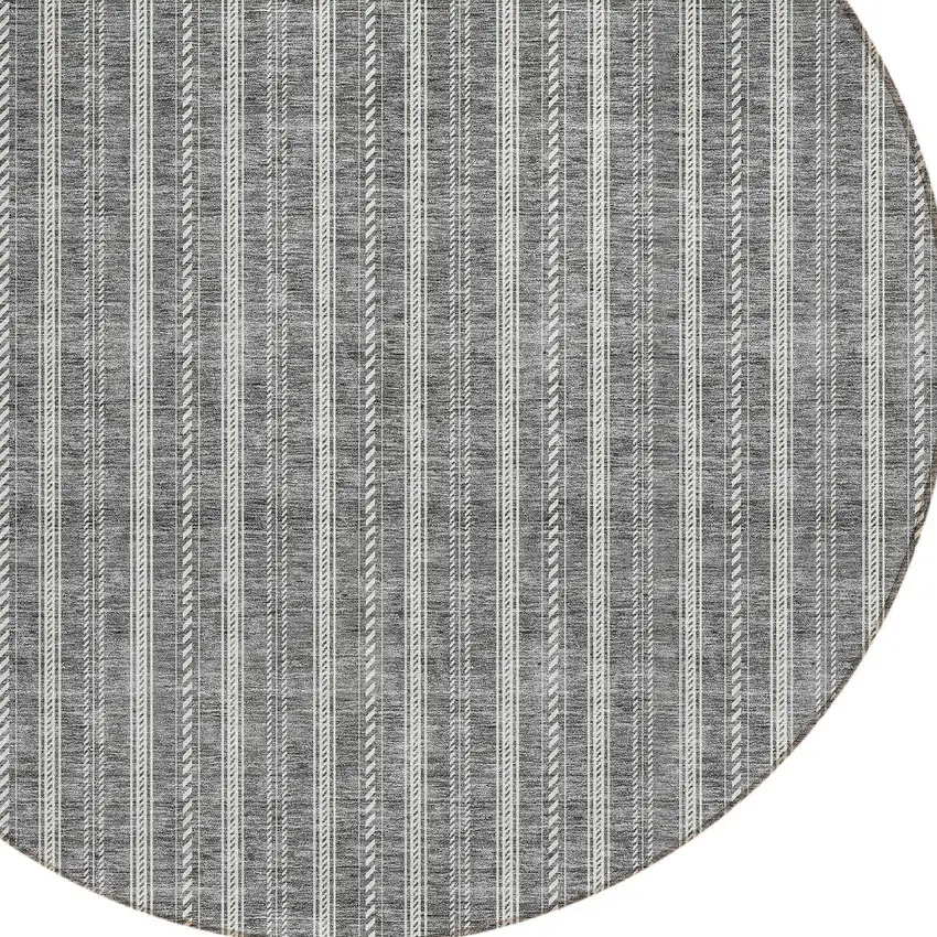 8' Gray And Ivory Round Striped Washable Indoor Outdoor Area Rug Photo 5