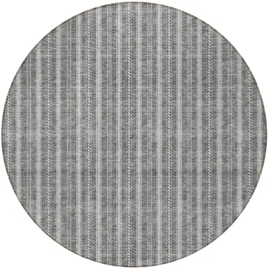 8' Gray And Ivory Round Striped Washable Indoor Outdoor Area Rug Photo 4