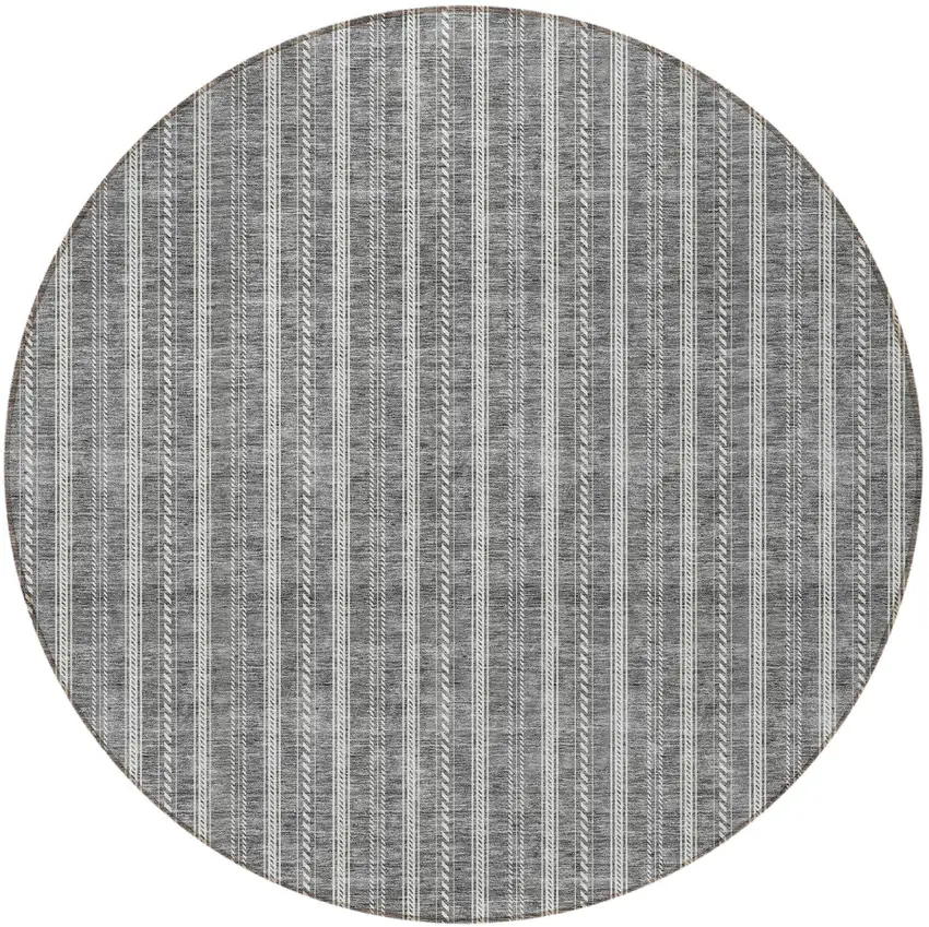 8' Gray And Ivory Round Striped Washable Indoor Outdoor Area Rug Photo 4