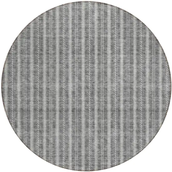8' Gray And Ivory Round Striped Washable Indoor Outdoor Area Rug Photo 2
