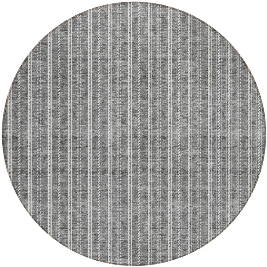 8' Gray And Ivory Round Striped Washable Indoor Outdoor Area Rug Photo 2