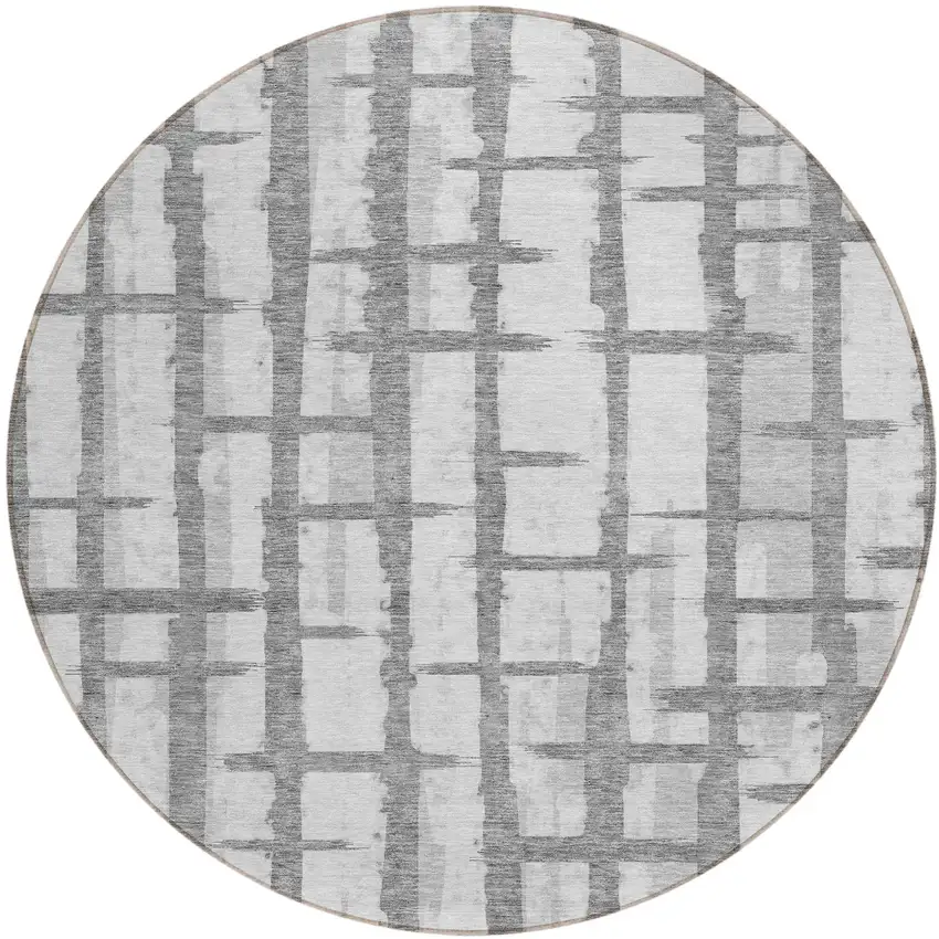 8' Gray And Ivory Round Striped Washable Indoor Outdoor Area Rug Photo 2