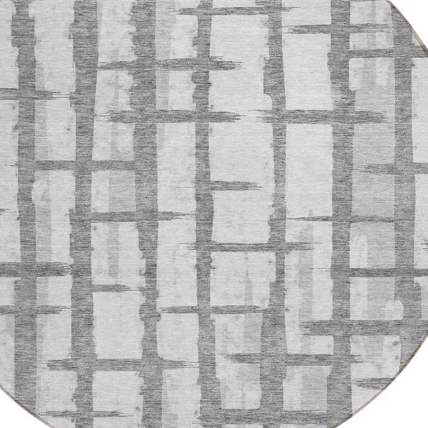 8' Gray And Ivory Round Striped Washable Indoor Outdoor Area Rug Photo 4