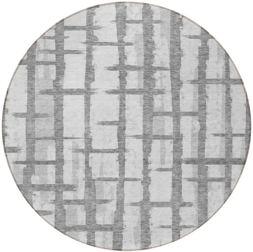 8' Gray And Ivory Round Striped Washable Indoor Outdoor Area Rug Photo 5