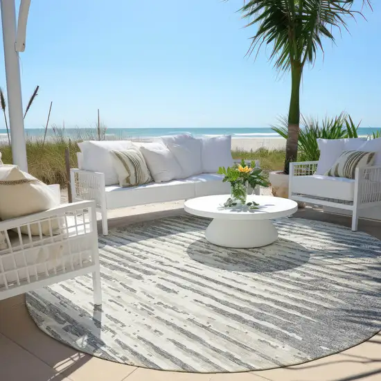 8' Gray And Ivory Round Striped Washable Indoor Outdoor Area Rug Photo 6