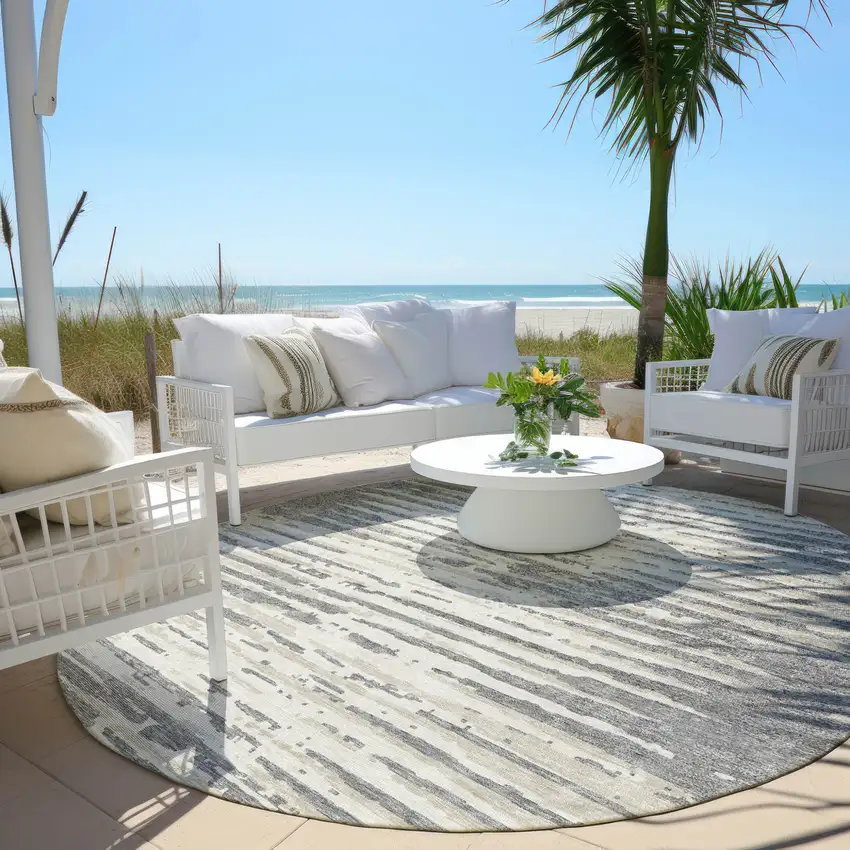 8' Gray And Ivory Round Striped Washable Indoor Outdoor Area Rug Photo 6