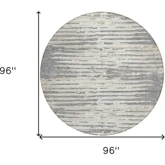 8' Gray And Ivory Round Striped Washable Indoor Outdoor Area Rug Photo 3