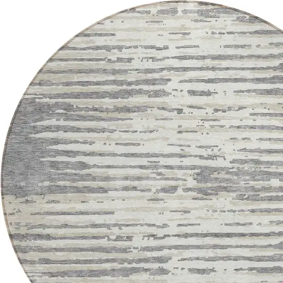 8' Gray And Ivory Round Striped Washable Indoor Outdoor Area Rug Photo 4