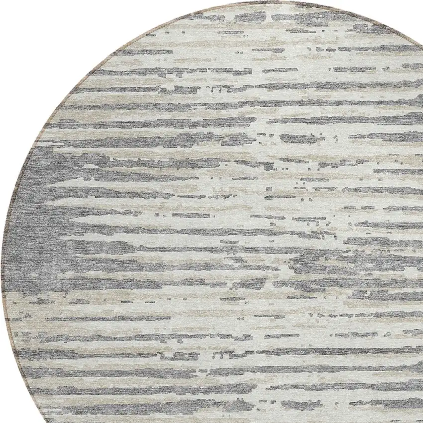 8' Gray And Ivory Round Striped Washable Indoor Outdoor Area Rug Photo 4