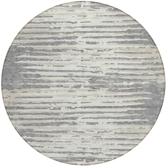 8' Gray And Ivory Round Striped Washable Indoor Outdoor Area Rug Photo 2