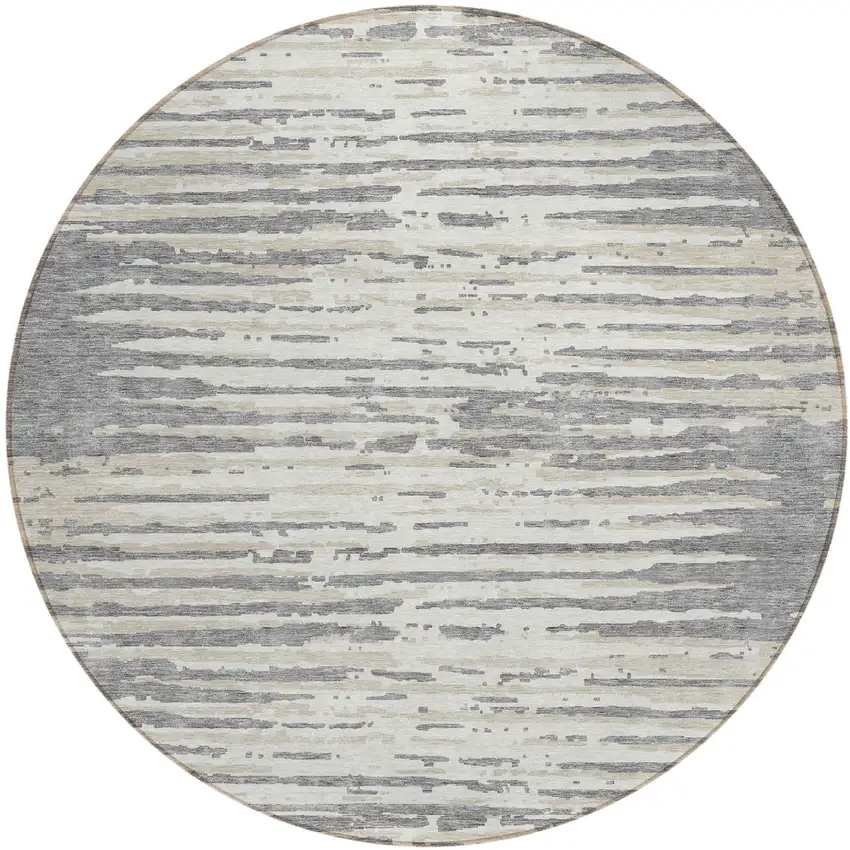 8' Gray And Ivory Round Striped Washable Indoor Outdoor Area Rug Photo 2
