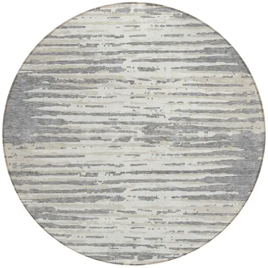 8' Gray And Ivory Round Striped Washable Indoor Outdoor Area Rug Photo 5