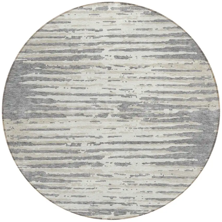 8' Gray And Ivory Round Striped Washable Indoor Outdoor Area Rug Photo 5