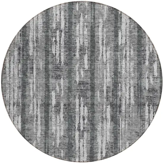 8' Gray And Ivory Round Striped Washable Indoor Outdoor Area Rug Photo 2
