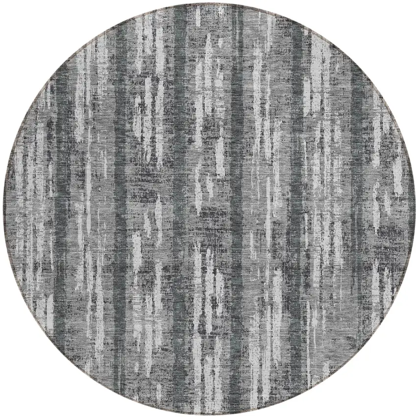 8' Gray And Ivory Round Striped Washable Indoor Outdoor Area Rug Photo 2
