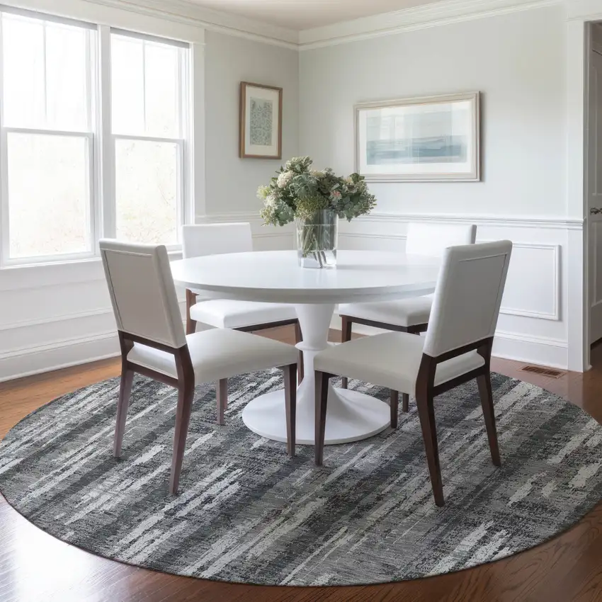 8' Gray And Ivory Round Striped Washable Indoor Outdoor Area Rug Photo 7