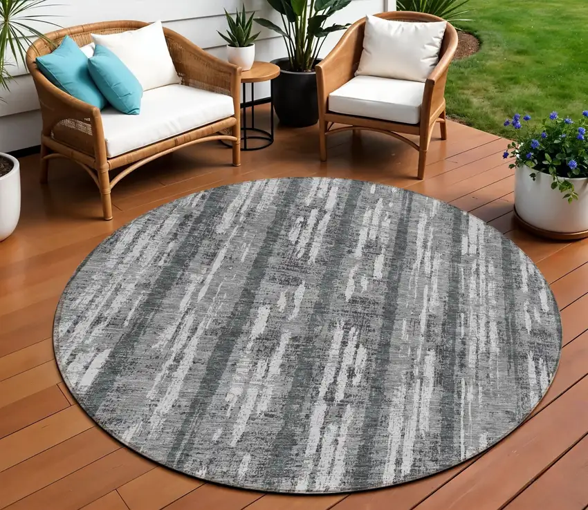 8' Gray And Ivory Round Striped Washable Indoor Outdoor Area Rug Photo 1