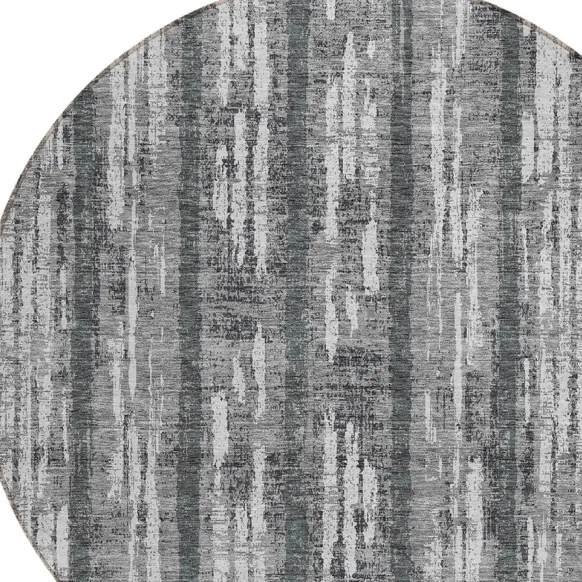 8' Gray And Ivory Round Striped Washable Indoor Outdoor Area Rug Photo 4