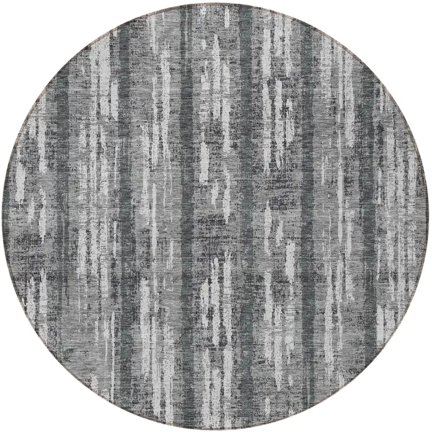 8' Gray And Ivory Round Striped Washable Indoor Outdoor Area Rug Photo 5