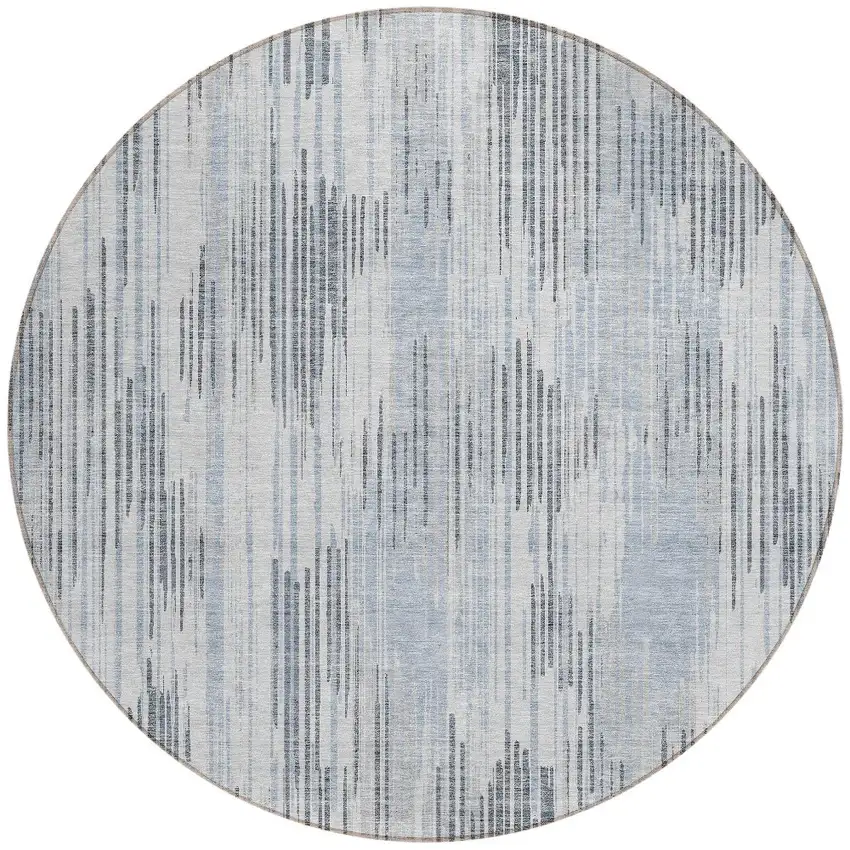 8' Gray And Ivory Round Striped Washable Indoor Outdoor Area Rug Photo 5