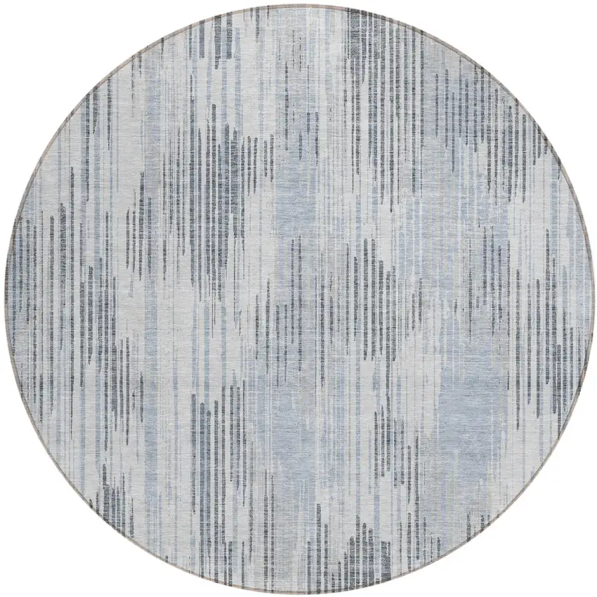 8' Gray And Ivory Round Striped Washable Indoor Outdoor Area Rug Photo 2