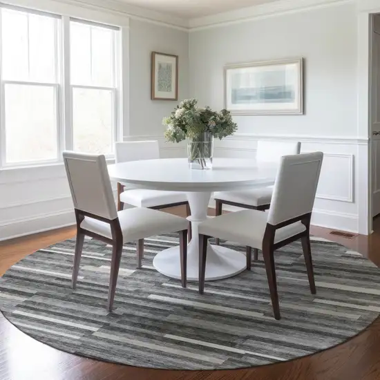 8' Gray And Ivory Round Striped Washable Indoor Outdoor Area Rug Photo 8