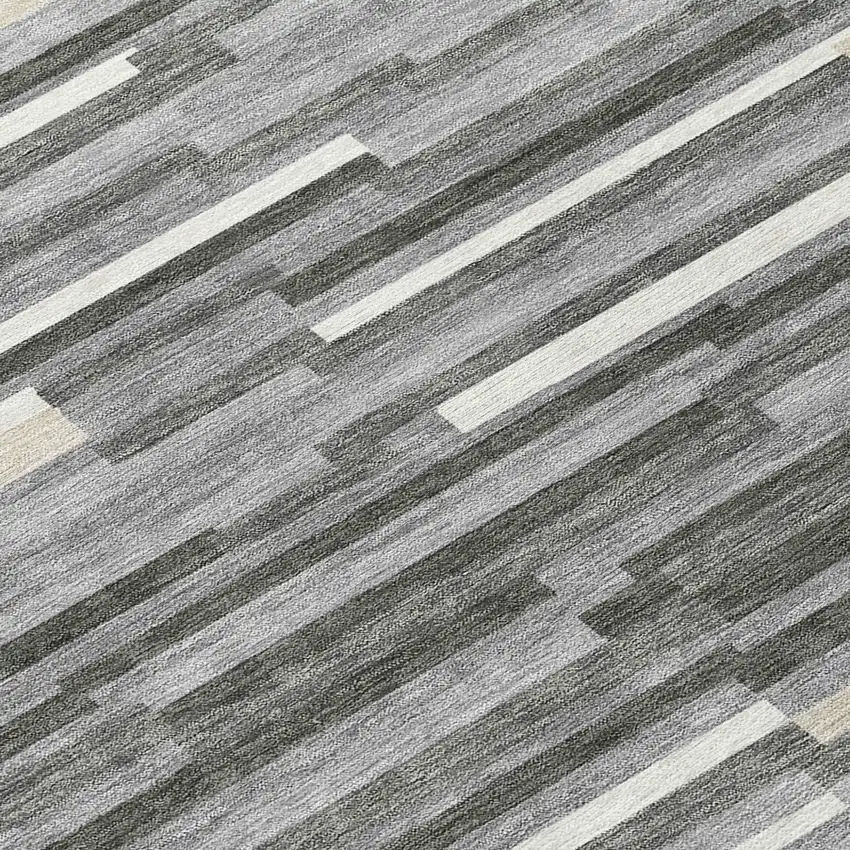 8' Gray And Ivory Round Striped Washable Indoor Outdoor Area Rug Photo 4