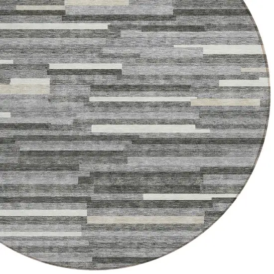 8' Gray And Ivory Round Striped Washable Indoor Outdoor Area Rug Photo 5