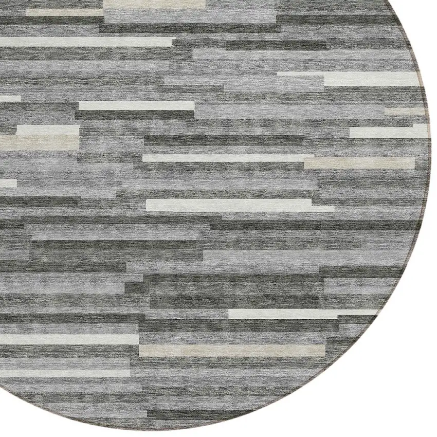 8' Gray And Ivory Round Striped Washable Indoor Outdoor Area Rug Photo 5