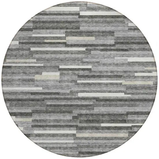 8' Gray And Ivory Round Striped Washable Indoor Outdoor Area Rug Photo 6