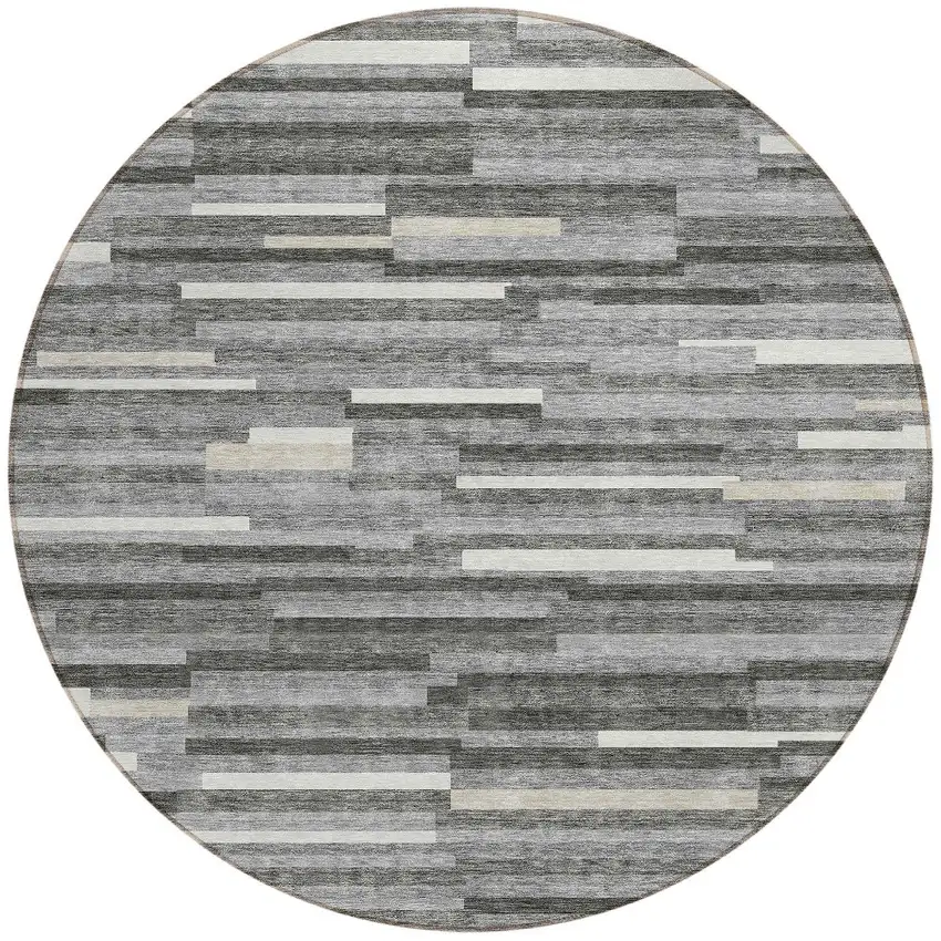 8' Gray And Ivory Round Striped Washable Indoor Outdoor Area Rug Photo 6