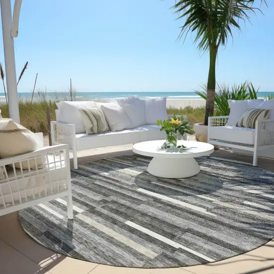 8' Gray And Ivory Round Striped Washable Indoor Outdoor Area Rug Photo 7