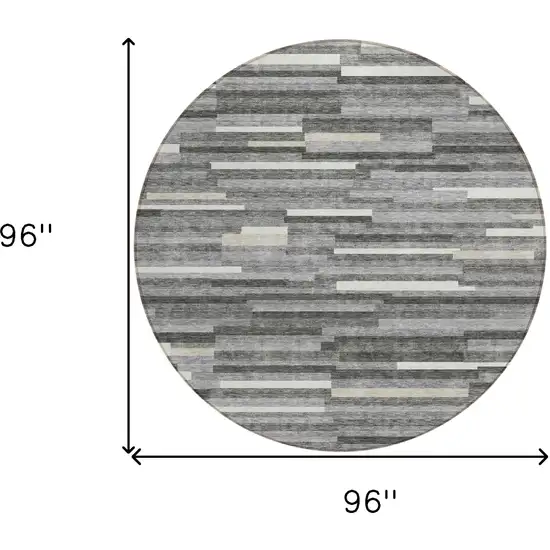 8' Gray And Ivory Round Striped Washable Indoor Outdoor Area Rug Photo 3