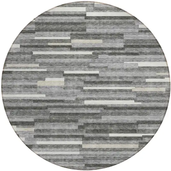8' Gray And Ivory Round Striped Washable Indoor Outdoor Area Rug Photo 2